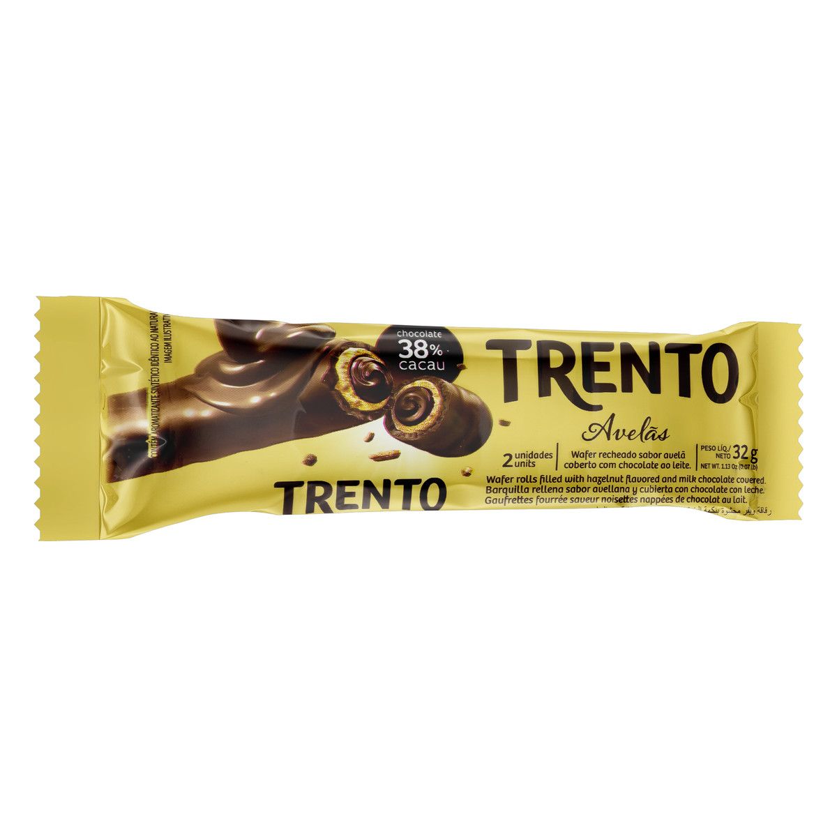 Wafer Recheio Avelã Cobertura Chocolate ao Leite 38% Cacau Trento